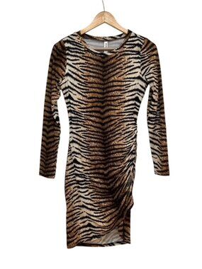 NWT Grecerelle Tiger print Long Sleeve ruched body con dress size S